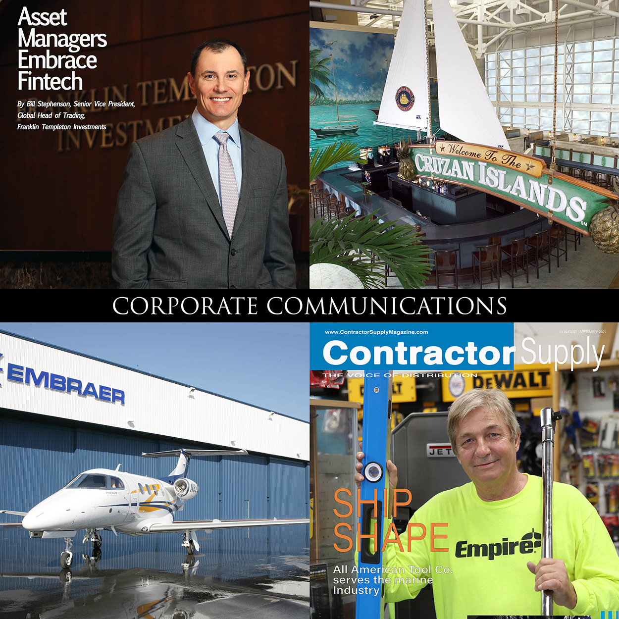 Corporate Branding Photography Fort Lauderdale 3 photos. Man in scuba gear reading, exterior of restaurant, 2 men in plumbing truck smiling.